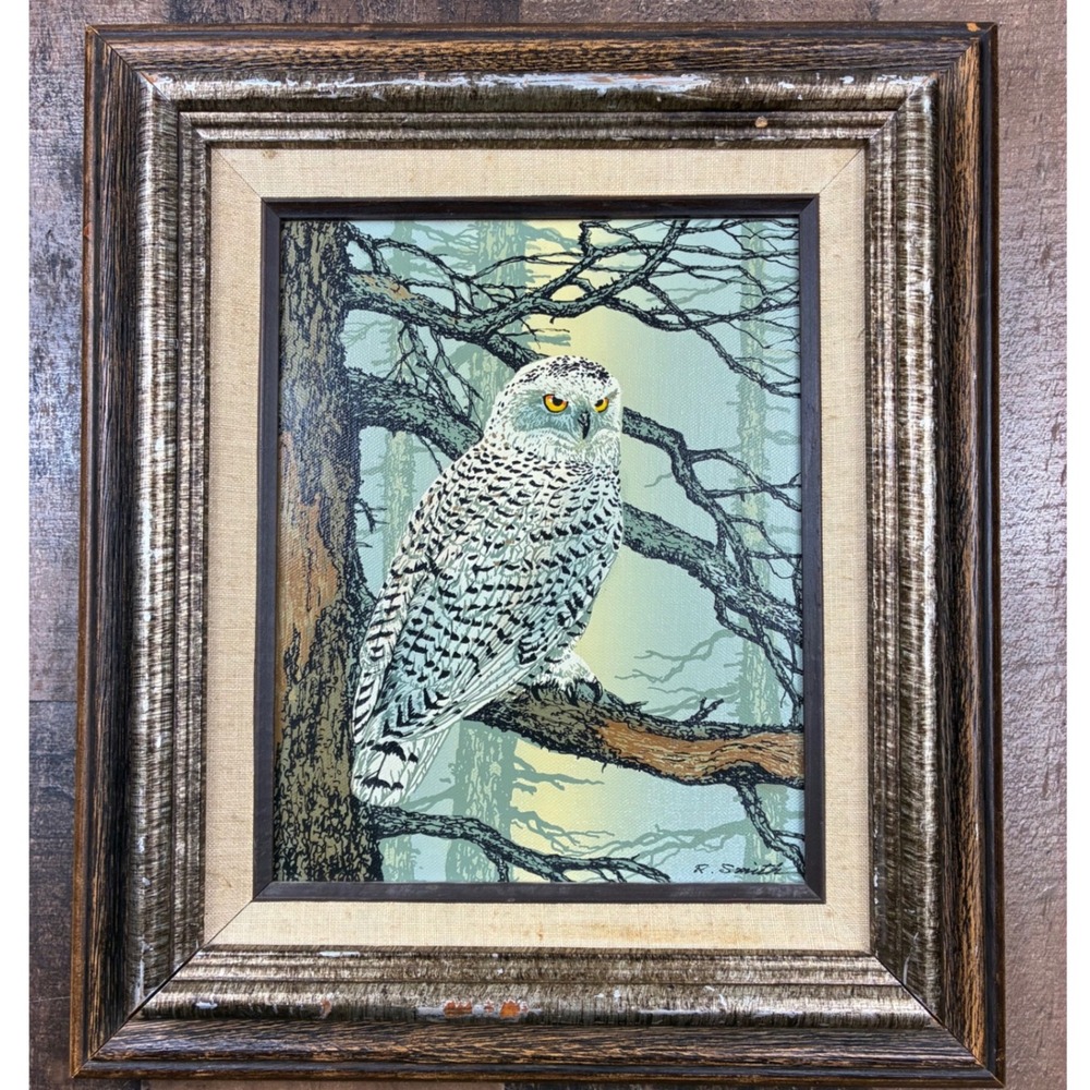 R. Smith Snowy Owl Oil Painting Framed Canvas Art 14x16 Vintage Bird Nature Art